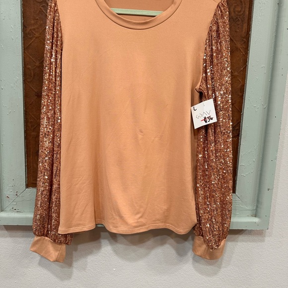 Les Amis Tops - Elegant Tan Blouse with Sequin Sleeves
